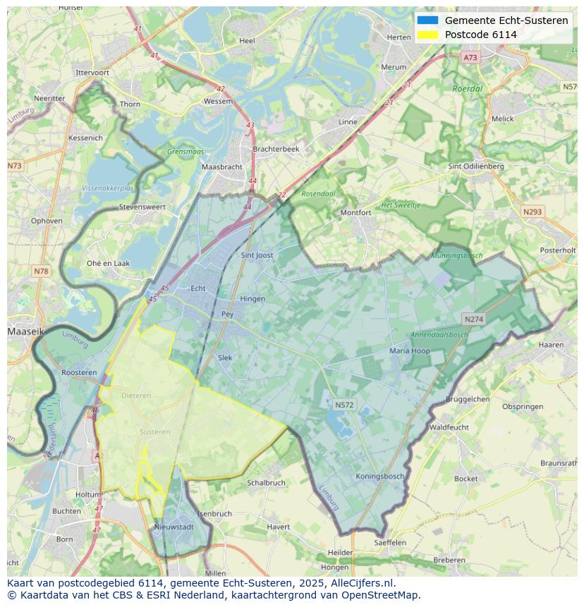 Afbeelding van het postcodegebied 6114 op de kaart.