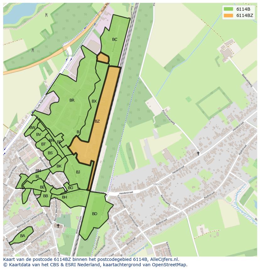 Afbeelding van het postcodegebied 6114 BZ op de kaart.