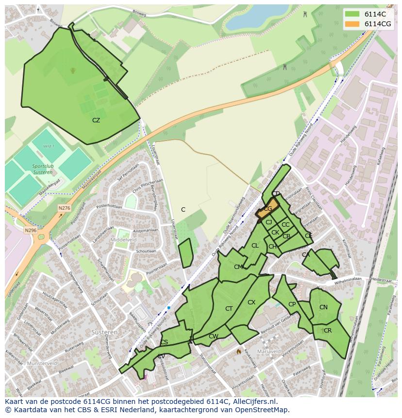 Afbeelding van het postcodegebied 6114 CG op de kaart.