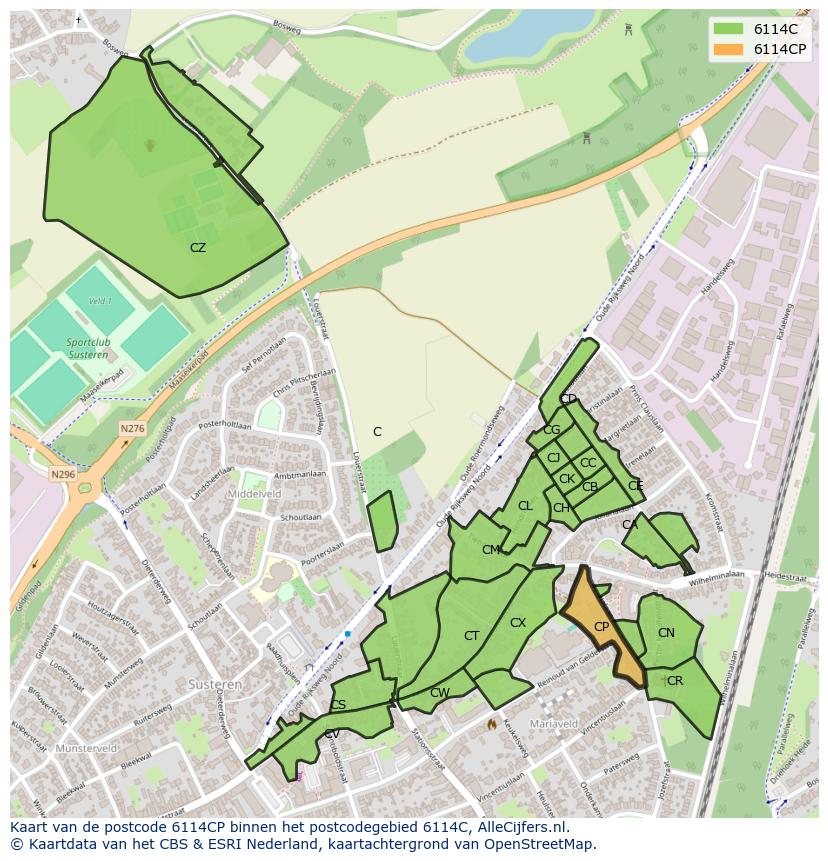 Afbeelding van het postcodegebied 6114 CP op de kaart.