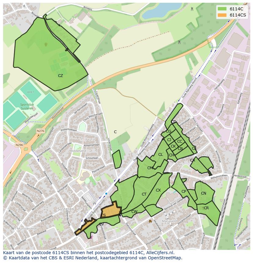 Afbeelding van het postcodegebied 6114 CS op de kaart.