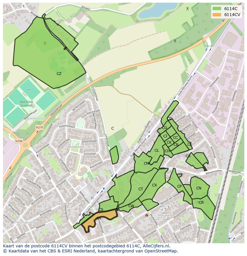 Afbeelding van het postcodegebied 6114 CV op de kaart.