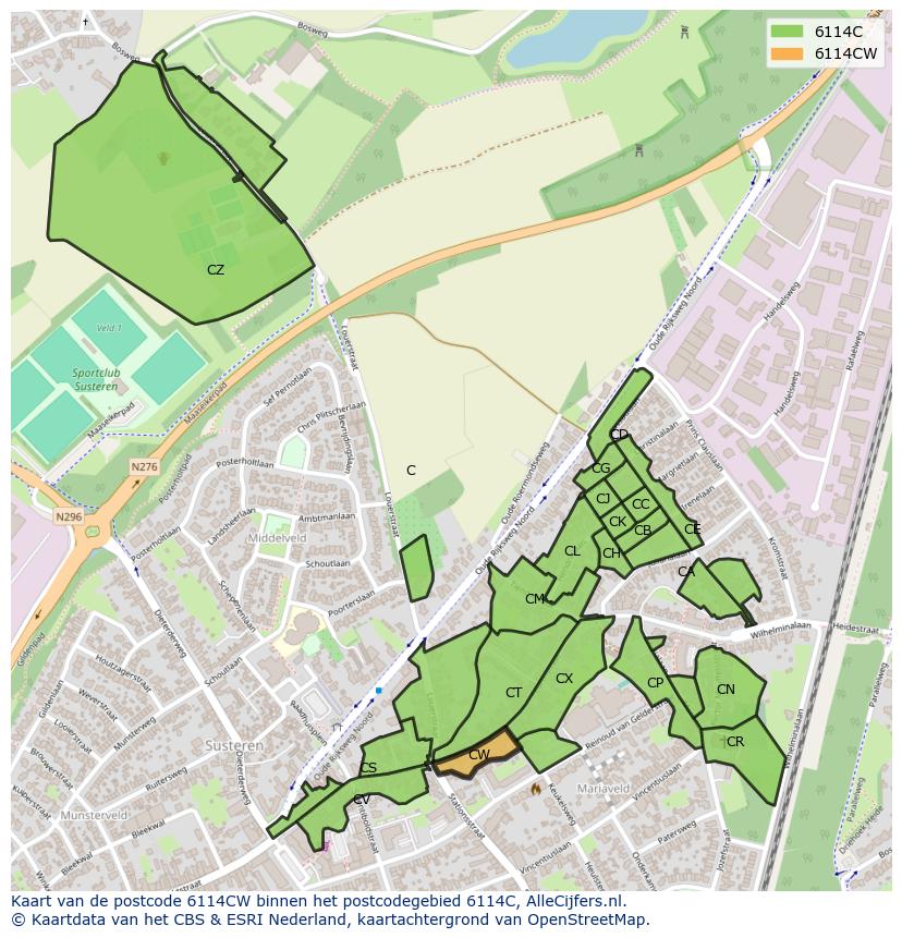 Afbeelding van het postcodegebied 6114 CW op de kaart.