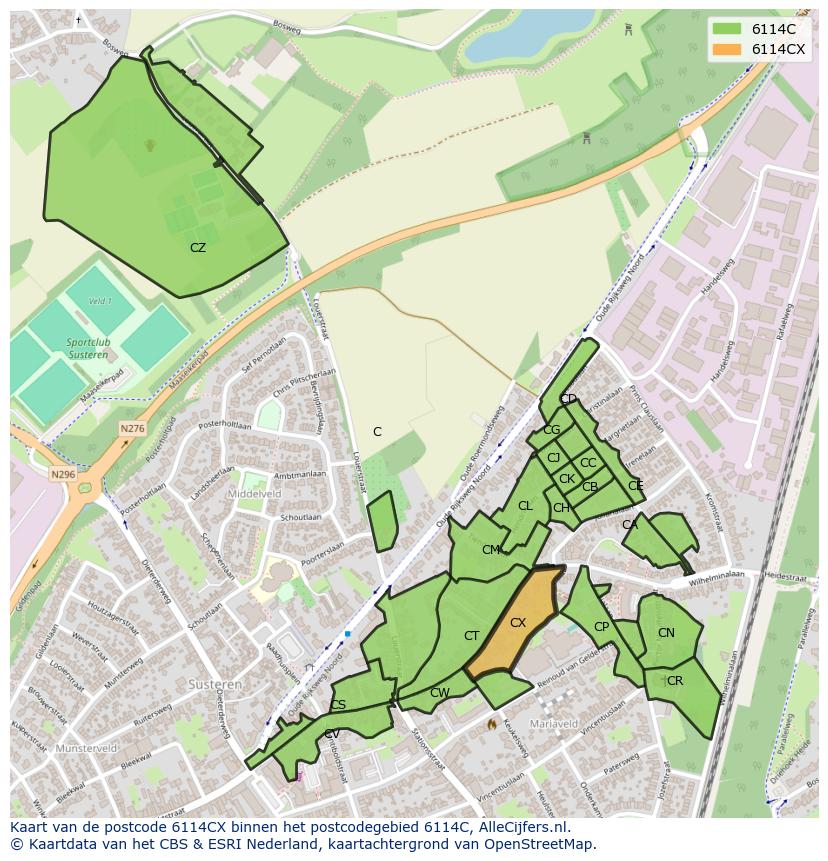 Afbeelding van het postcodegebied 6114 CX op de kaart.