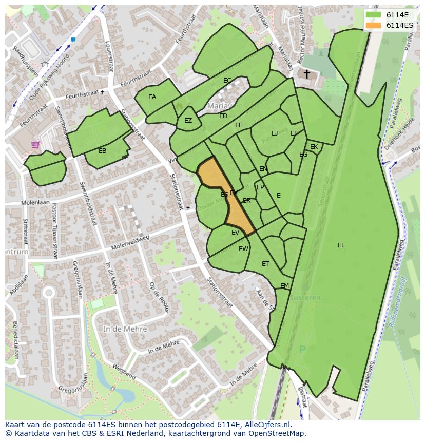 Afbeelding van het postcodegebied 6114 ES op de kaart.