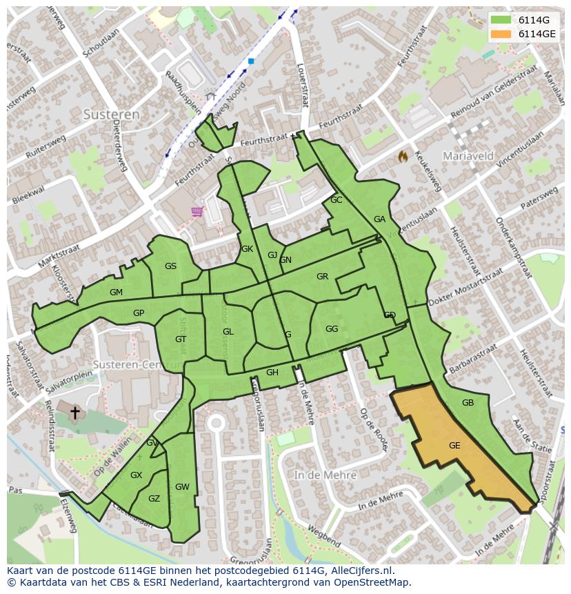 Afbeelding van het postcodegebied 6114 GE op de kaart.