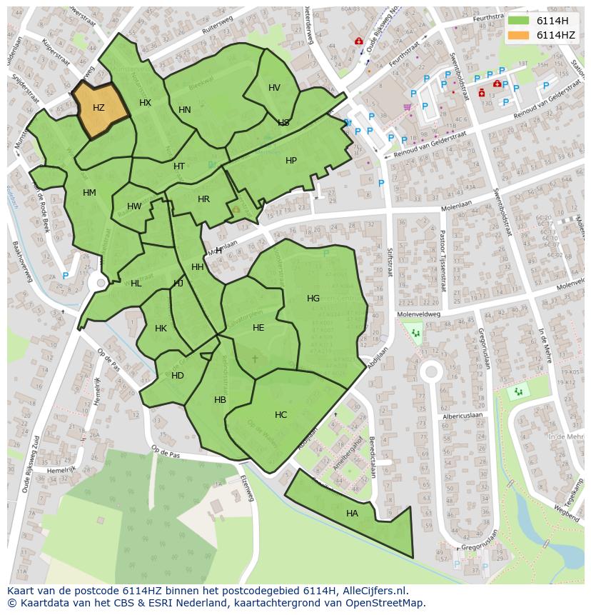 Afbeelding van het postcodegebied 6114 HZ op de kaart.