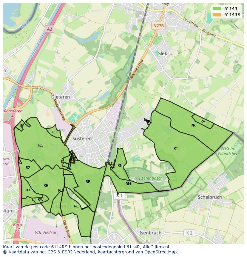 Afbeelding van het postcodegebied 6114 RS op de kaart.
