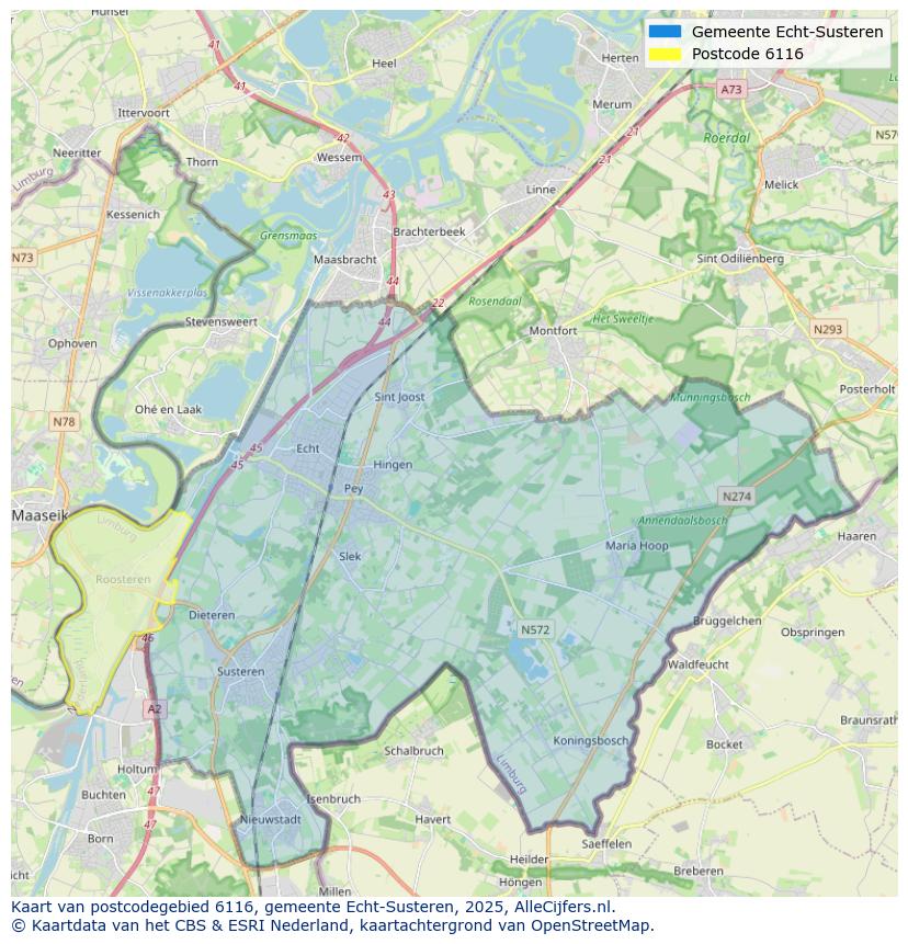 Afbeelding van het postcodegebied 6116 op de kaart.