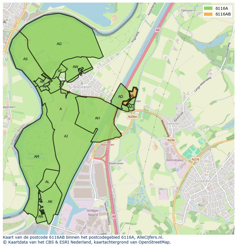 Afbeelding van het postcodegebied 6116 AB op de kaart.