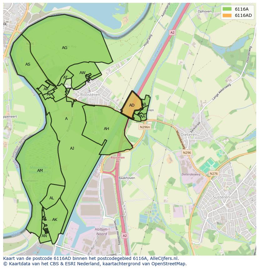 Afbeelding van het postcodegebied 6116 AD op de kaart.