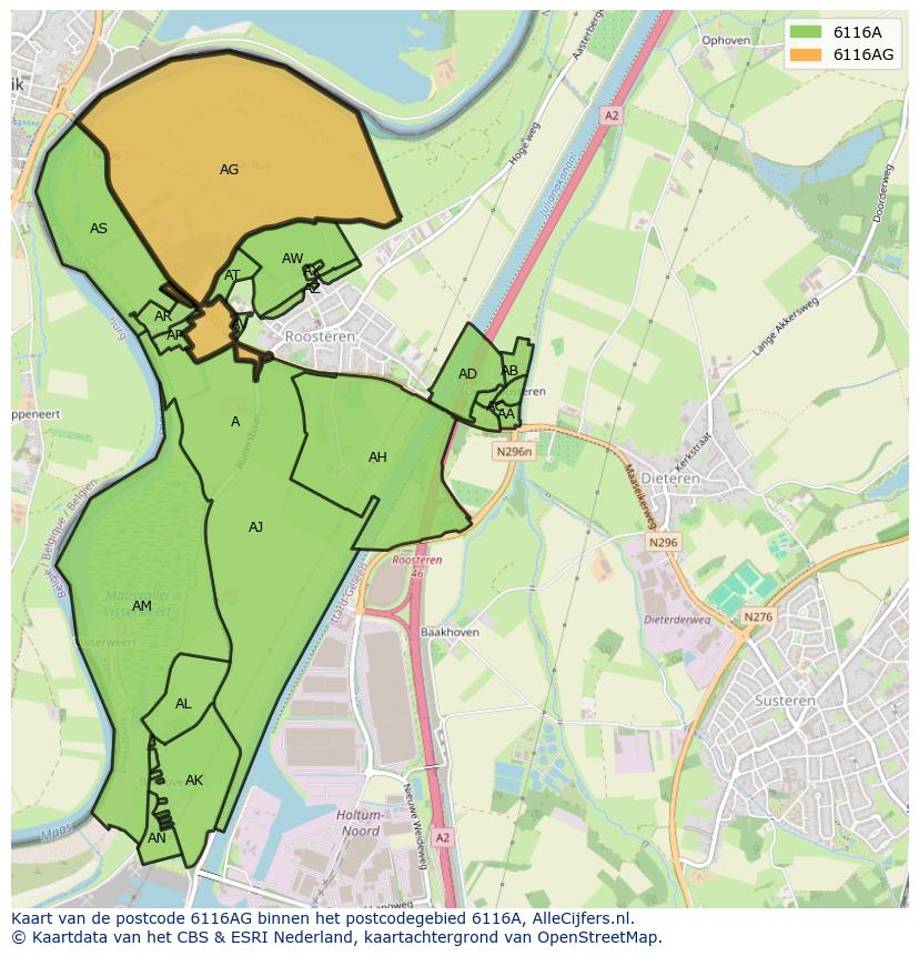 Afbeelding van het postcodegebied 6116 AG op de kaart.