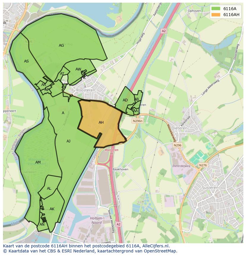 Afbeelding van het postcodegebied 6116 AH op de kaart.