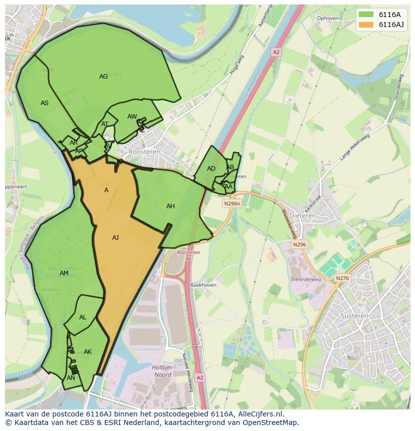 Afbeelding van het postcodegebied 6116 AJ op de kaart.