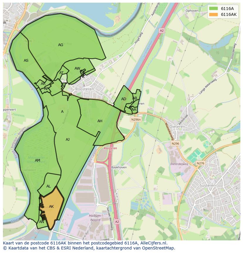 Afbeelding van het postcodegebied 6116 AK op de kaart.