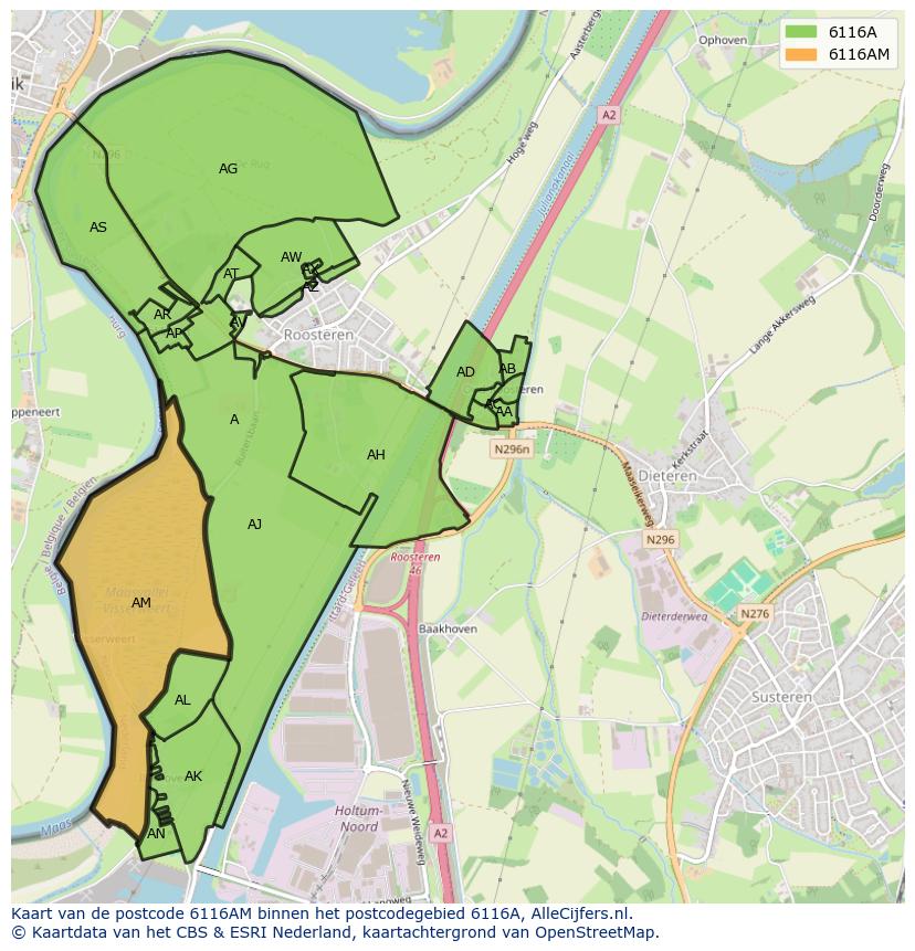 Afbeelding van het postcodegebied 6116 AM op de kaart.