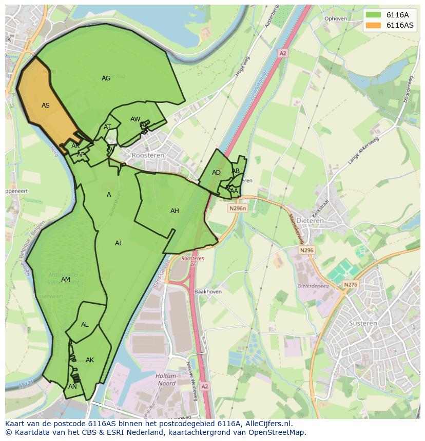 Afbeelding van het postcodegebied 6116 AS op de kaart.