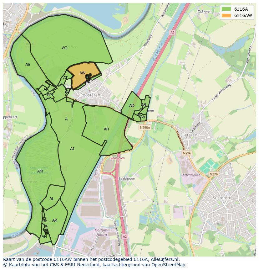 Afbeelding van het postcodegebied 6116 AW op de kaart.
