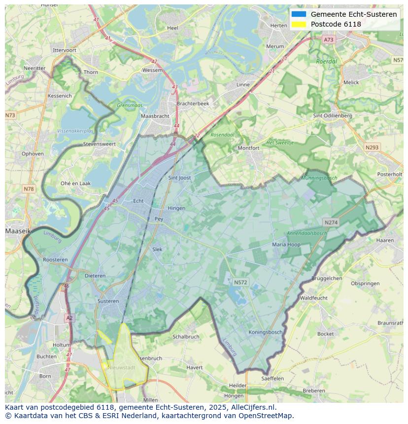Afbeelding van het postcodegebied 6118 op de kaart.