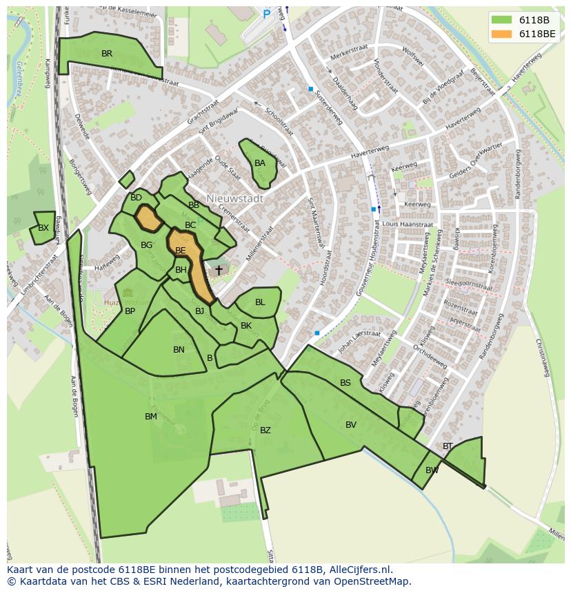 Afbeelding van het postcodegebied 6118 BE op de kaart.
