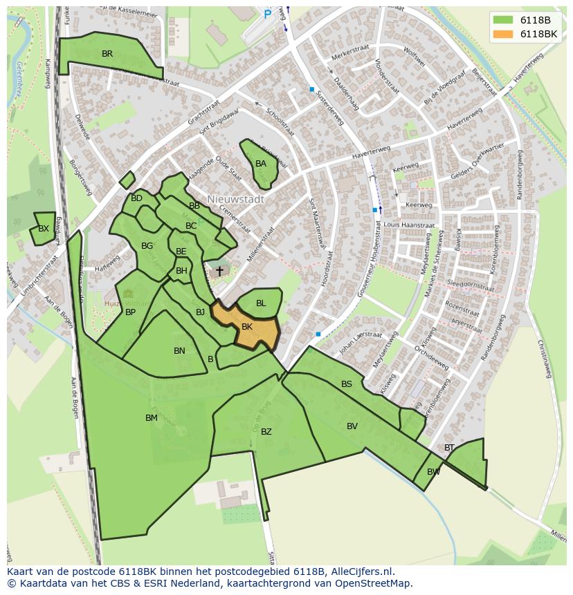 Afbeelding van het postcodegebied 6118 BK op de kaart.