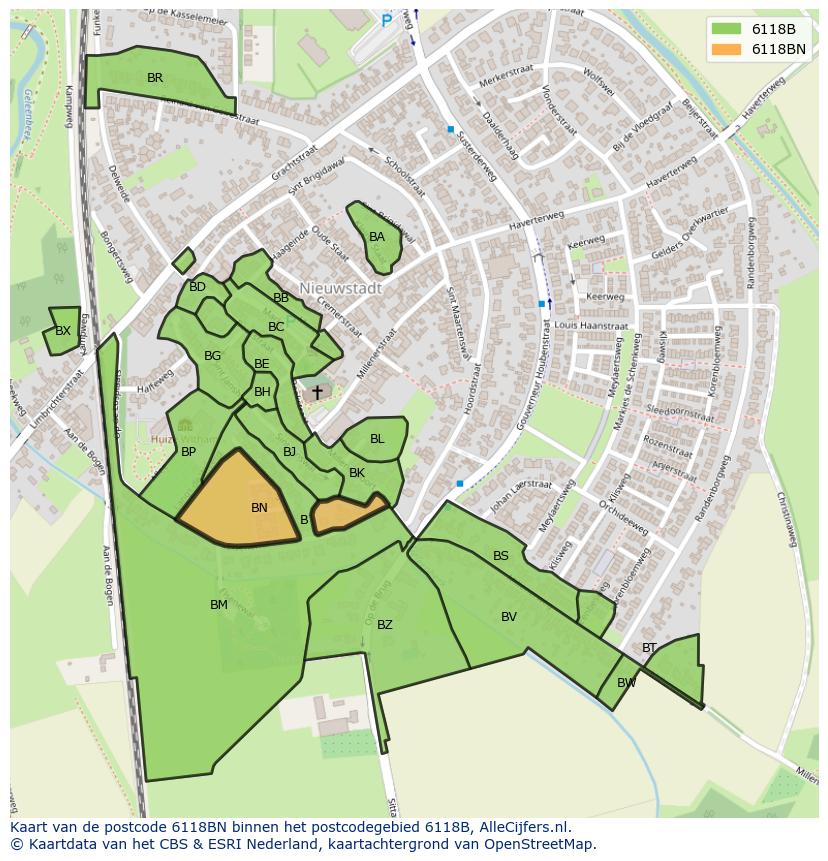 Afbeelding van het postcodegebied 6118 BN op de kaart.