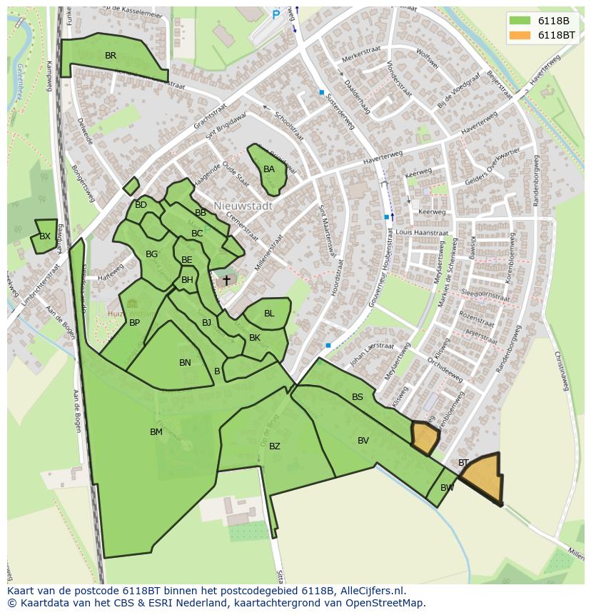 Afbeelding van het postcodegebied 6118 BT op de kaart.