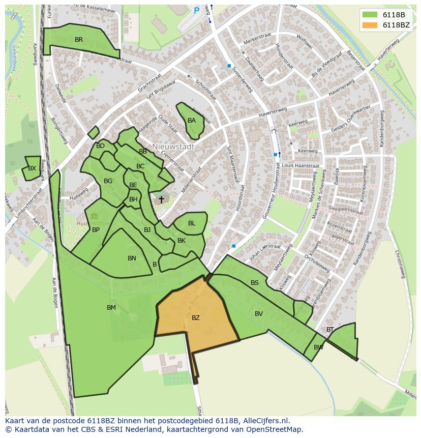 Afbeelding van het postcodegebied 6118 BZ op de kaart.