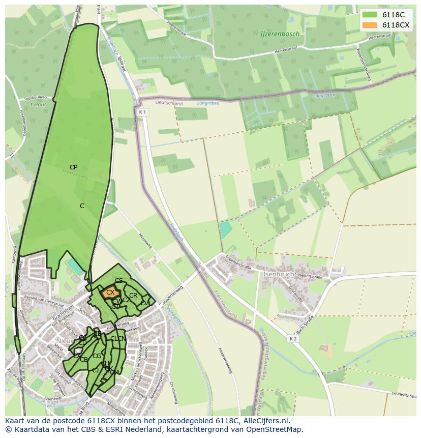 Afbeelding van het postcodegebied 6118 CX op de kaart.