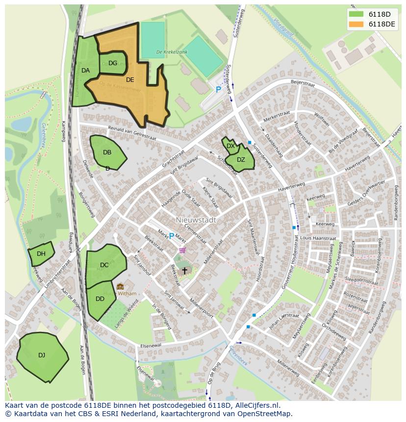 Afbeelding van het postcodegebied 6118 DE op de kaart.
