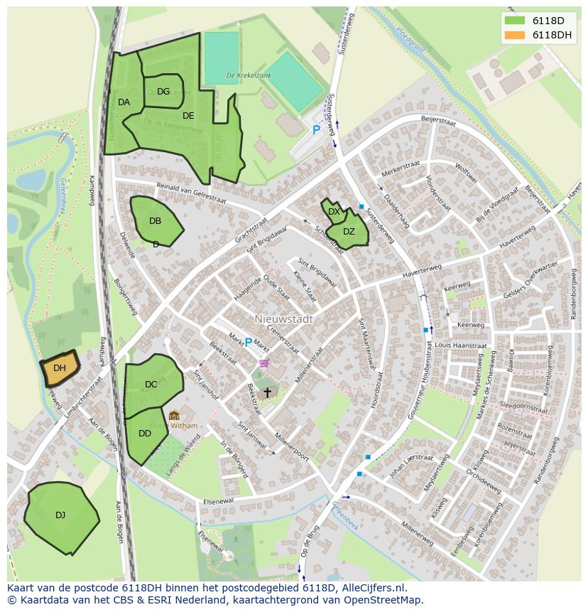 Afbeelding van het postcodegebied 6118 DH op de kaart.