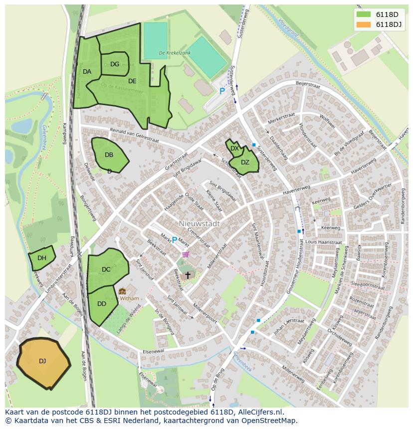 Afbeelding van het postcodegebied 6118 DJ op de kaart.