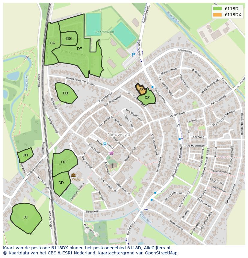 Afbeelding van het postcodegebied 6118 DX op de kaart.
