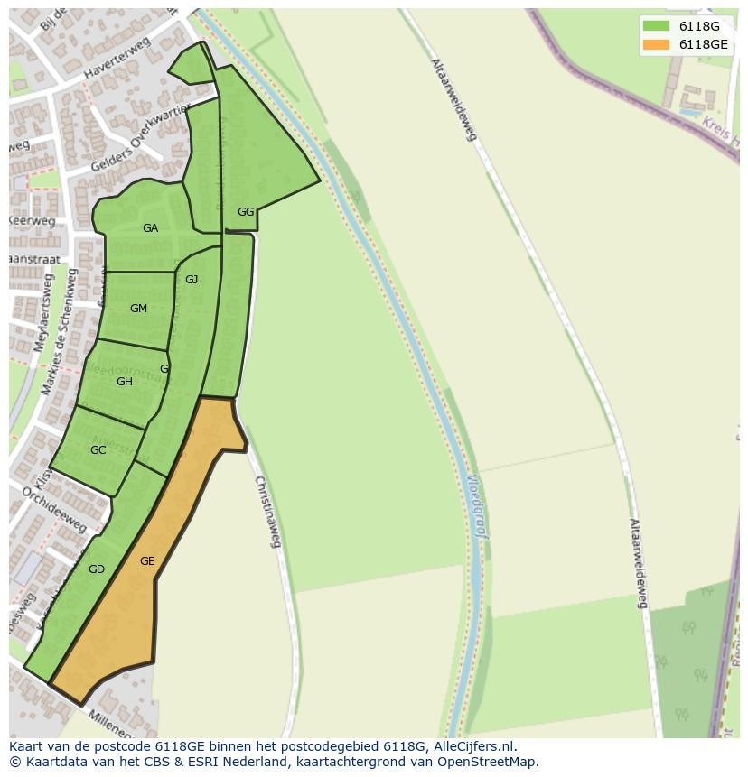 Afbeelding van het postcodegebied 6118 GE op de kaart.