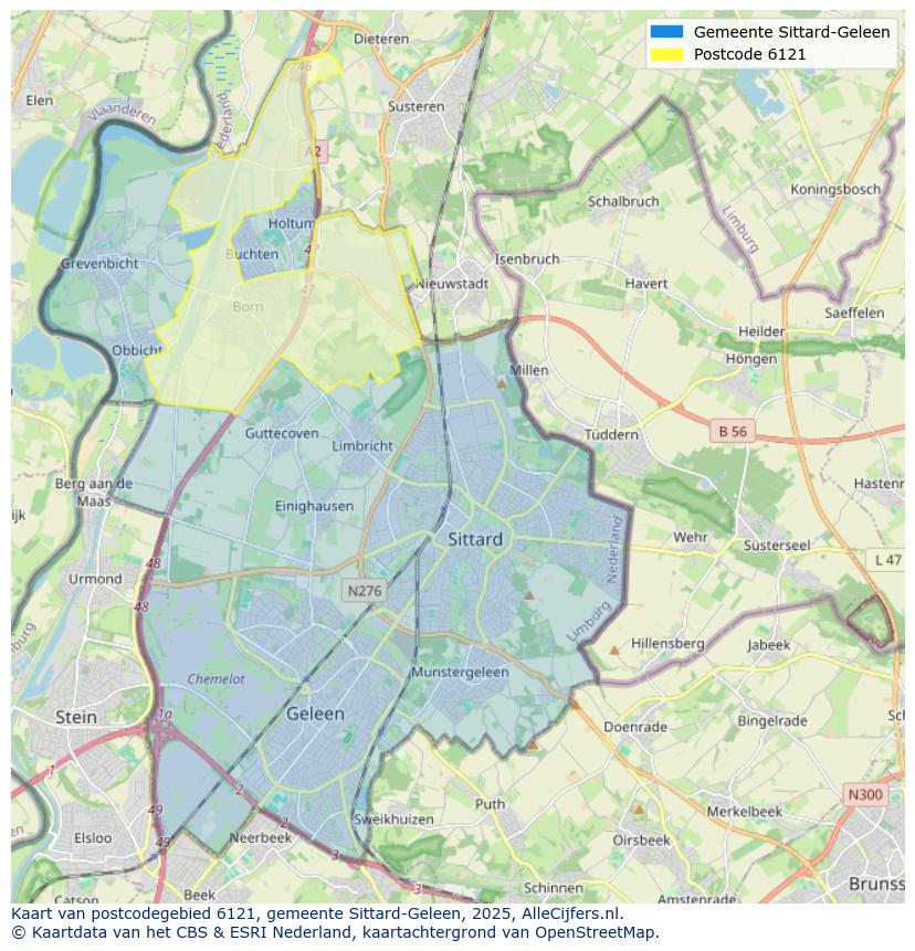 Afbeelding van het postcodegebied 6121 op de kaart.