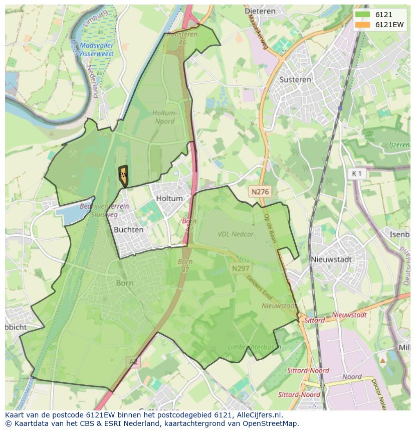 Afbeelding van het postcodegebied 6121 EW op de kaart.