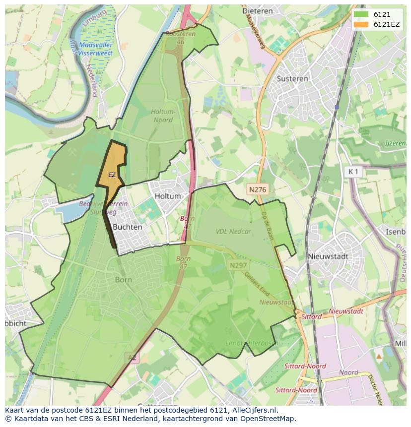 Afbeelding van het postcodegebied 6121 EZ op de kaart.