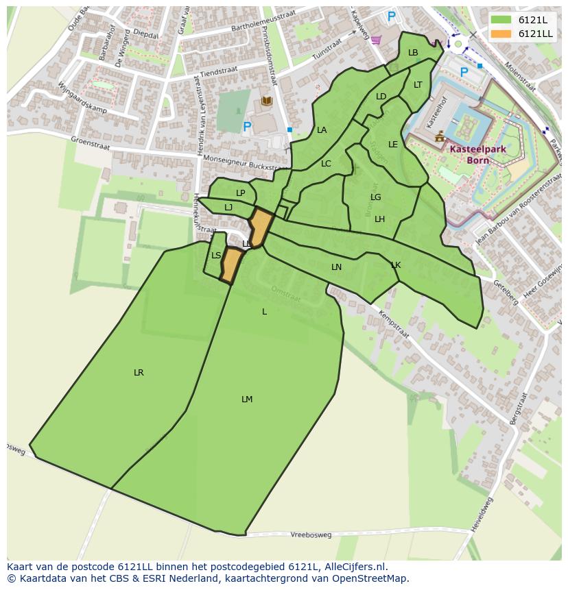 Afbeelding van het postcodegebied 6121 LL op de kaart.