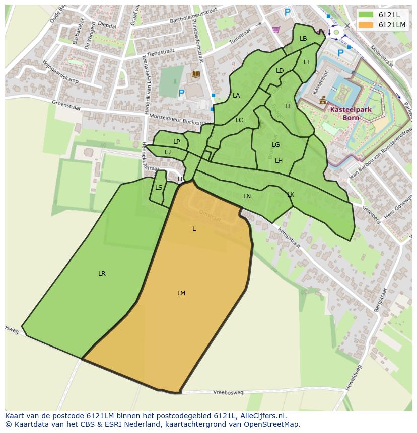 Afbeelding van het postcodegebied 6121 LM op de kaart.