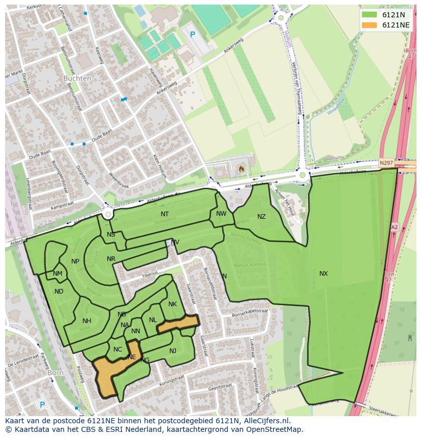 Afbeelding van het postcodegebied 6121 NE op de kaart.
