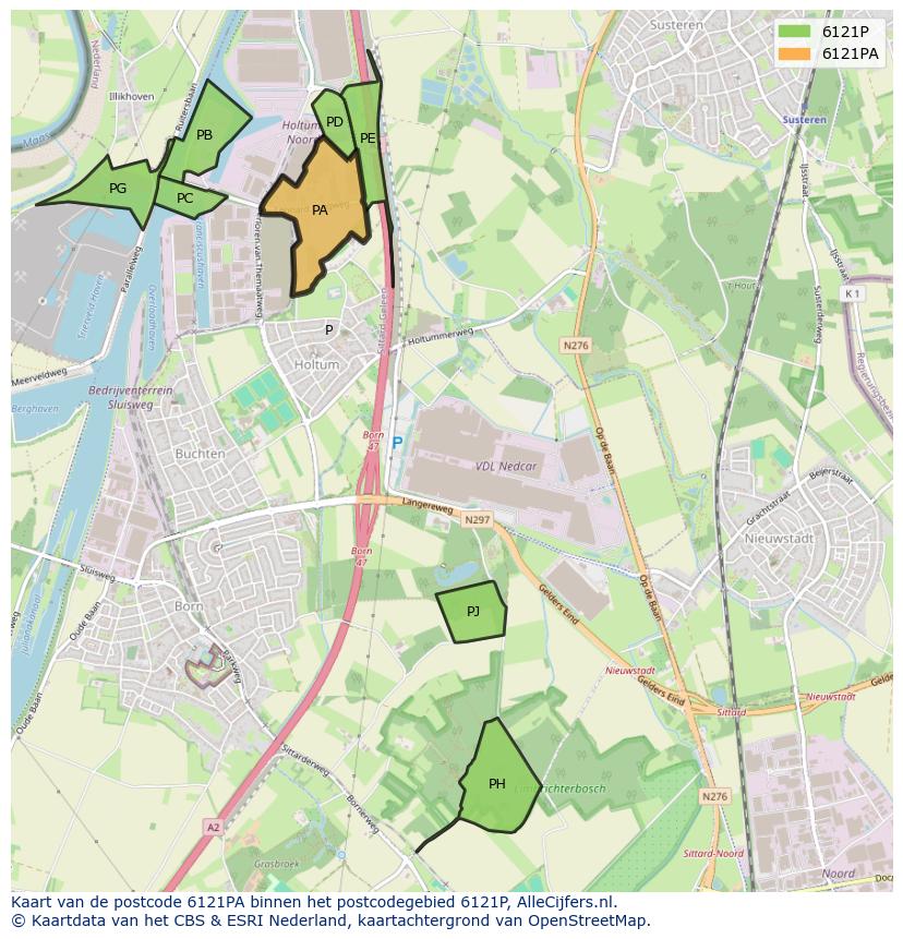 Afbeelding van het postcodegebied 6121 PA op de kaart.