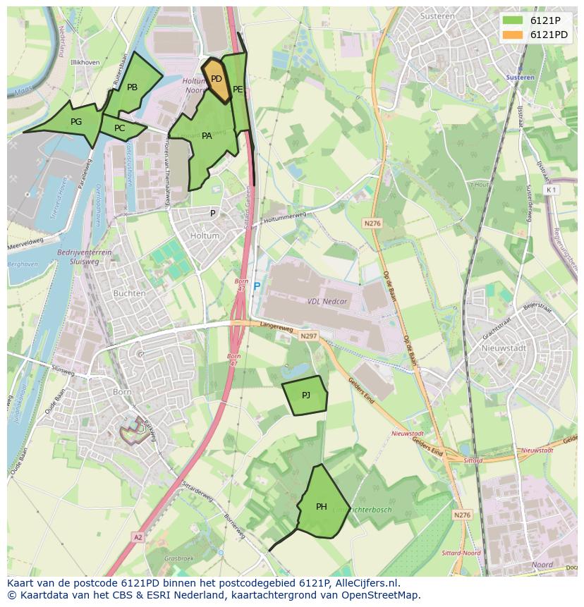 Afbeelding van het postcodegebied 6121 PD op de kaart.