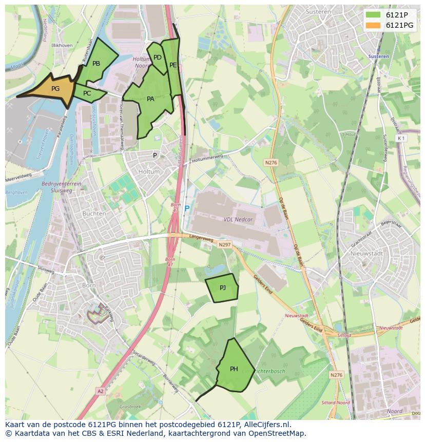 Afbeelding van het postcodegebied 6121 PG op de kaart.