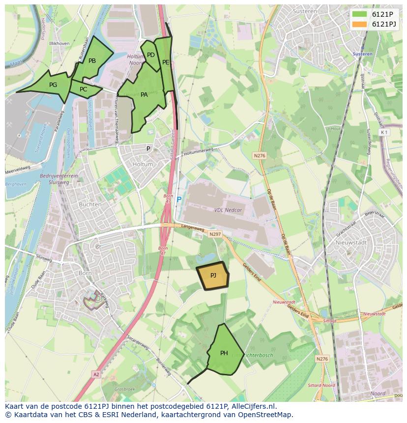Afbeelding van het postcodegebied 6121 PJ op de kaart.