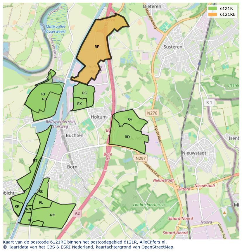 Afbeelding van het postcodegebied 6121 RE op de kaart.