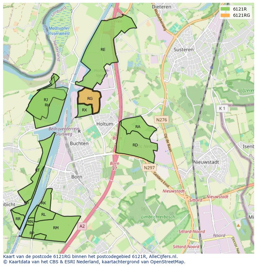 Afbeelding van het postcodegebied 6121 RG op de kaart.