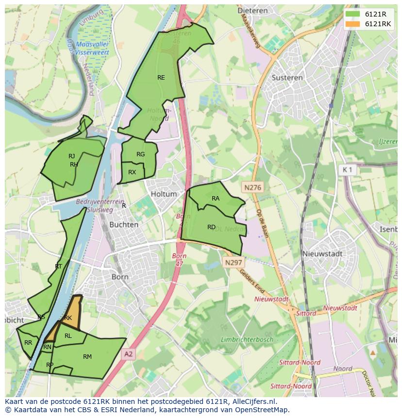 Afbeelding van het postcodegebied 6121 RK op de kaart.