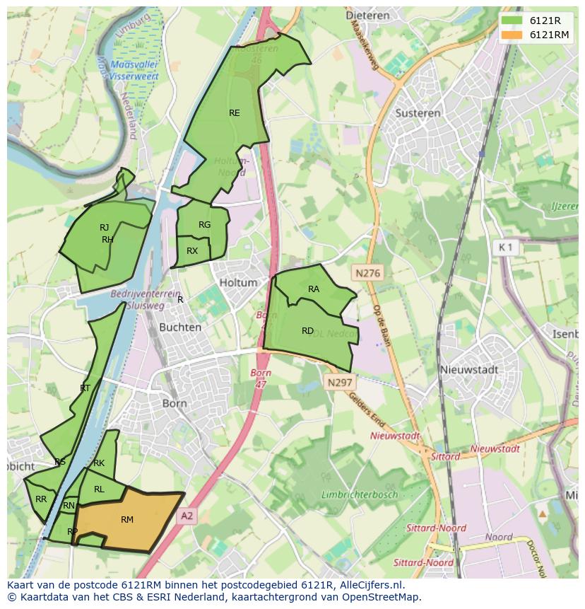 Afbeelding van het postcodegebied 6121 RM op de kaart.