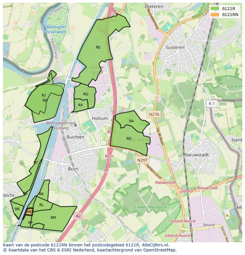 Afbeelding van het postcodegebied 6121 RN op de kaart.