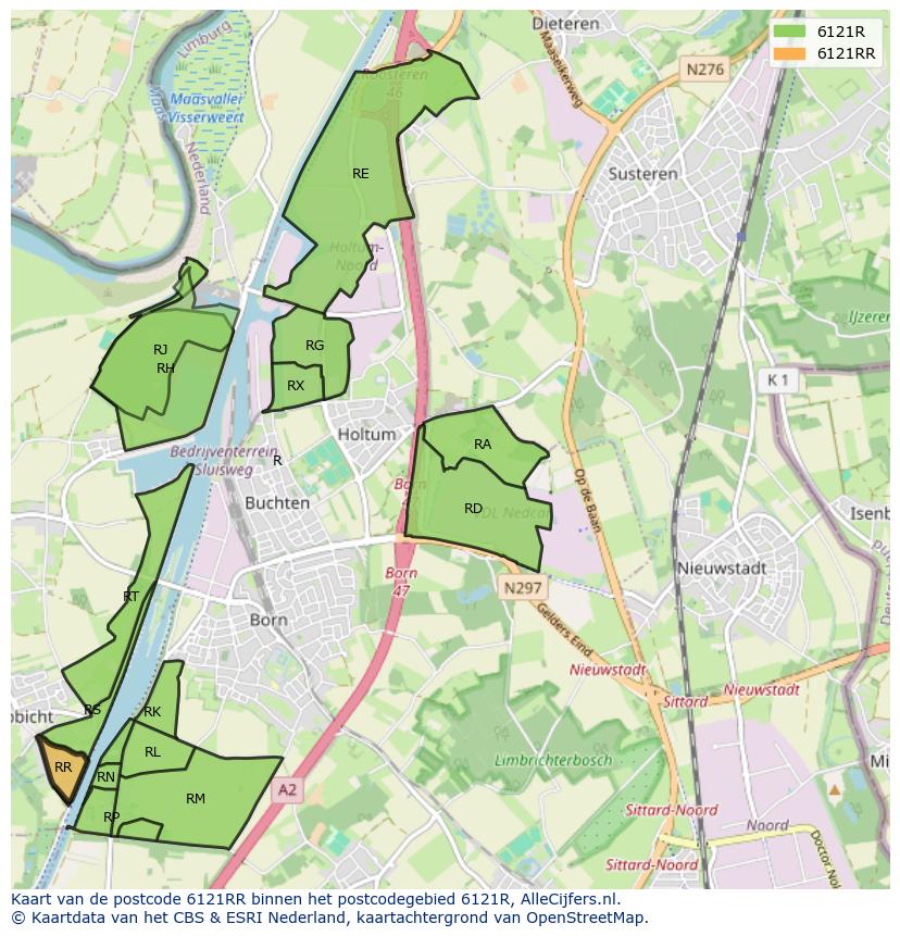 Afbeelding van het postcodegebied 6121 RR op de kaart.